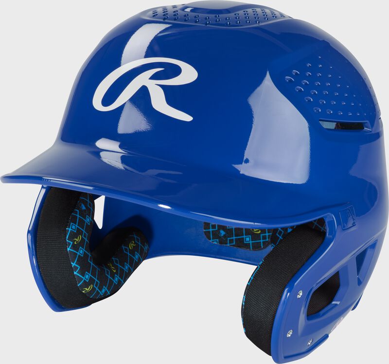 Front left of a royal Rawlings RX2 gloss baseball batting helmet loading=