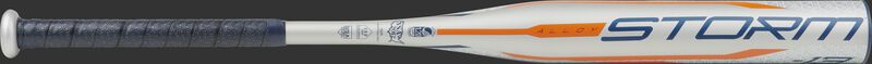 Barrel of a silver FPZS13 Rawlings Storm fastpitch bat with orange and navy accents