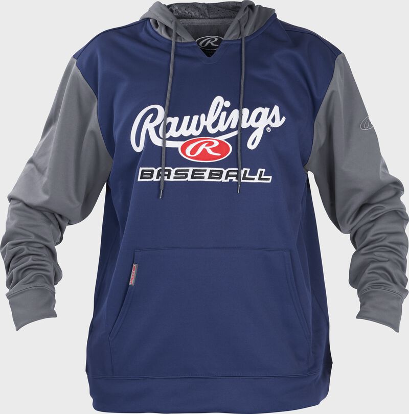 Front of Rawlings Navy/Gray Adult long Sleeve Hoodie - SKU #PFHPRBB-GR-88 loading=