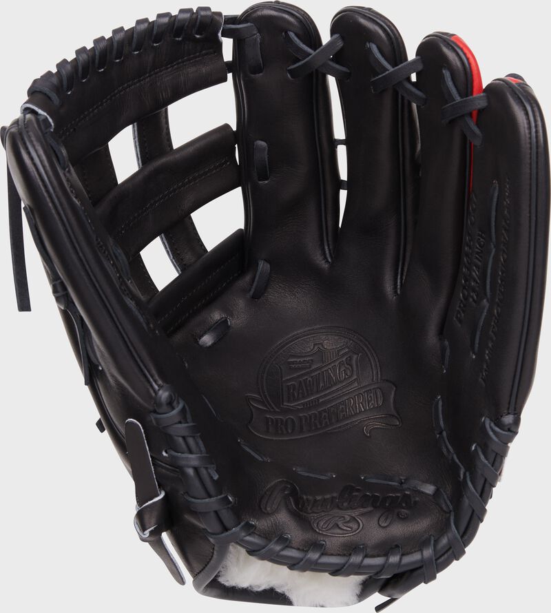 Black palm of a Rawlings Corbin Carroll Pro Preferred glove with black laces - SKU: PROS3039-CC7