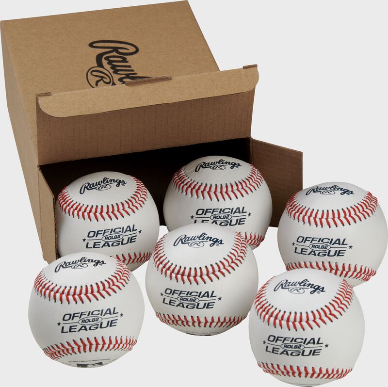 6 Rawlings practice balls in front of an open box - SKU: RSGROLB2PK6