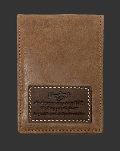 A tan American Story front pocket wallet with a leather patch telling the Rawlings American story - SKU: RPW003-204