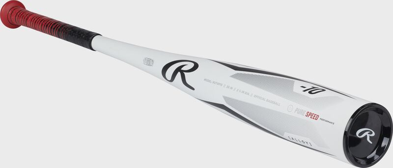 Front angle of a white Rawlings Peak USSSA baseball bat with a black end cap - SKU: RUT4P