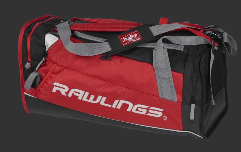 Side angle view of a scarlet R601 Rawlings Hybrid duffel backpack