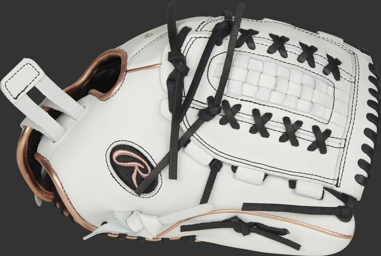 Thumb of a white RLA125-18RG Liberty Advanced Color Series 12.5-inch fastpitch glove with a white Double Laced Basket Web