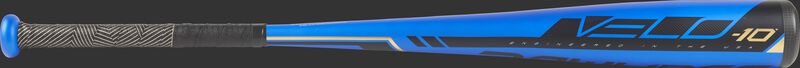 Barrel of a US9V10 2019 Velo Hybrid USA baseball bat with a blue barrel and black accents