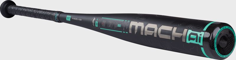 Angled image of a black Rawlings Mach AI -8 USSSA bat with the Mach AI logo on the barrel