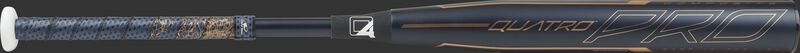 Barrel of a navy FPZP9 Rawlings Quatro Pro fastpitch bat with rose gold accents