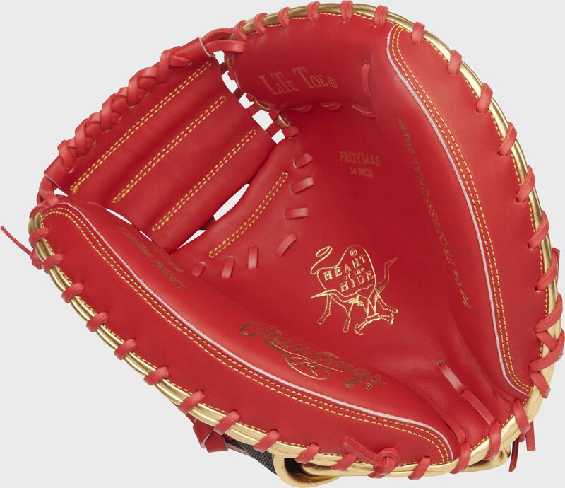 Scarlet palm of a Rawlings Heart of the Hide Yadi catcher's mittwith gold stamping and scarlet laces - SKU: RSGPROYM4S