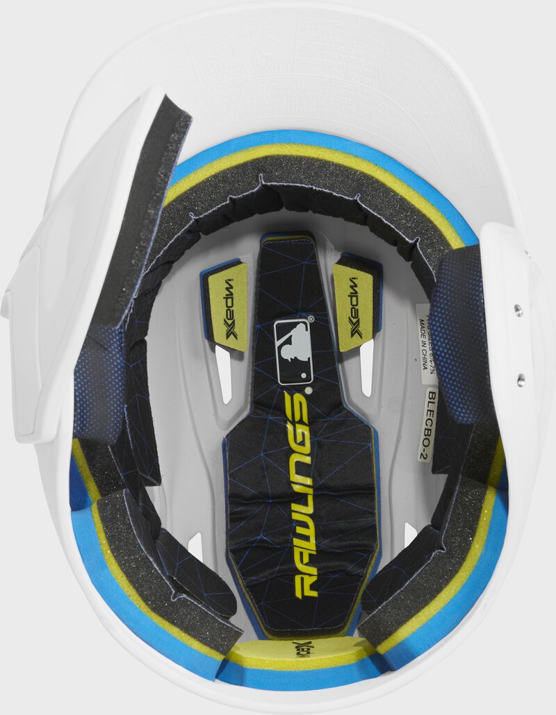 Inside of a MACHEXTL Rawlings MACH baseball helmet with IMPAX durable foam padding