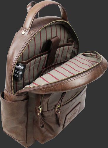 Inside of a brown RS10057-BRN medium sized Rugged leather backpack with a internal laptop section and pinstripe material