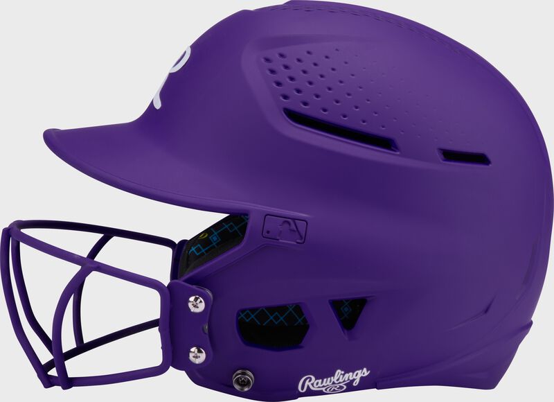 Left side of a purple Rawlings RX2 fastpitch batting helmet