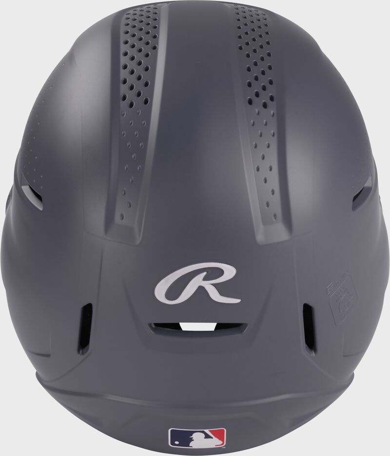 Back of a graphite Rawlings RX2 Reverse batting helmet