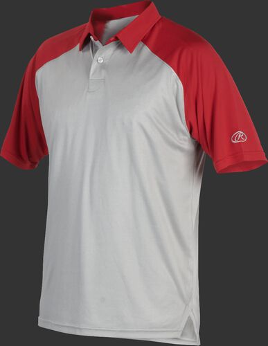A gray Rawlings colorsync polo with scarlet sleeves - SKU: CSP-BG/S