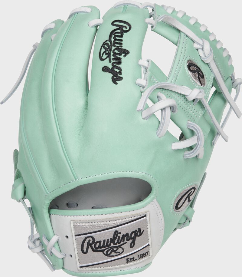 Shell back view of ocean mint and white 2021 HOH Pro Preferred Hybrid 11.5-inch infield glove loading=