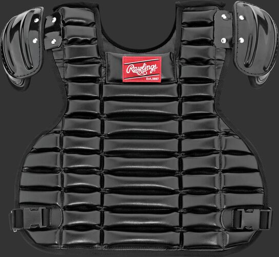 Front of a black UCPPRO-B Umpire adult chest protector with a red Rawlings patch on the chest