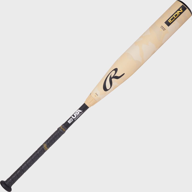 A tan/black Rawlings Icon USA Baseball -8 bat with a "R" logo above the handle