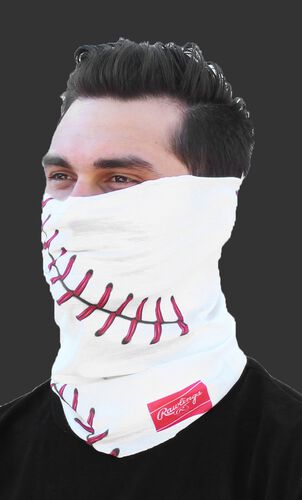 A guy wearing a white baseball stitch Rawlings multi-functional head and face cover over his mouth and nose - SKU: RC40001-100