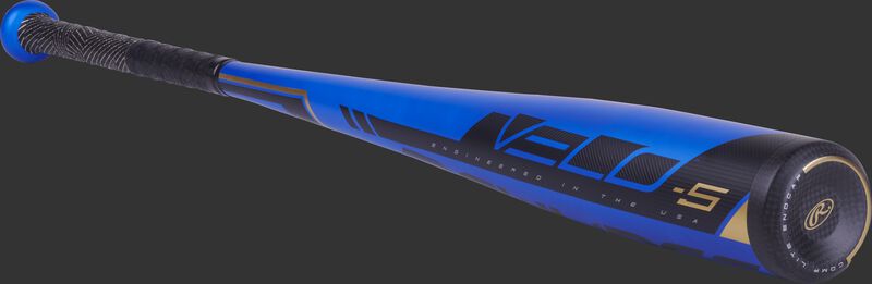 3/4 angle view of a US9V5 Velo USA -5 bat with black accents on a blue barrel and black end cap