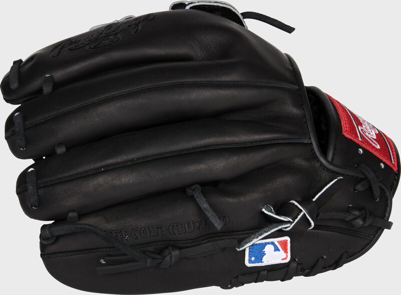 Back of a black Heart of the Hide 12-Inch H-web glove with the MLB logo on the pinky - SKU: RSGPRO10006JBPRO loading=