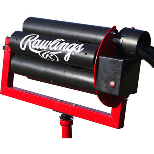 Feeder Machine Side View of Rawlings Black Spin Ball Pro 3 Wheel Combination Automatic Ball Feeder With Brand Name SKU #RAF3C1