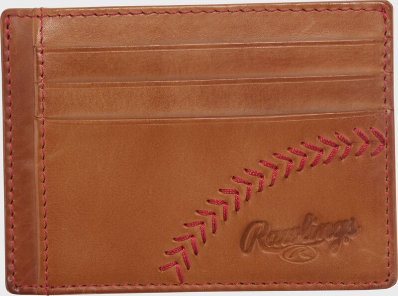 Front side of a tan Rawlings Double Play front pocket wallet