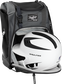 A white/black helmet in the main compartment of a black Rawlings Franchise backpack - SKU: FRANBP-B image number null