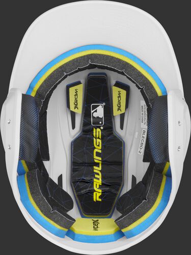 Inside of a Rawlings MACH baseball helmet with IMPAX durable foam padding