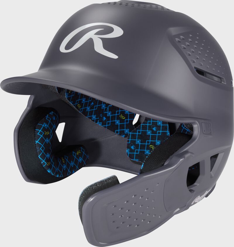 Front left of a graphite Rawlings RX2 Reverse batting helmet