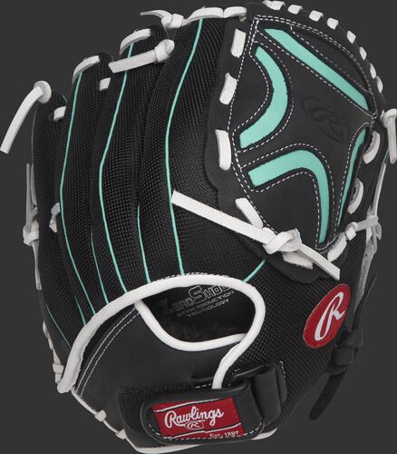 Back view of a black CL115BMT 11.5-inch Champion Lite softball infield glove with a adjustable Velcro wrist strap
