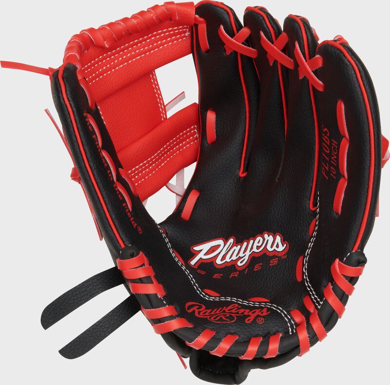 Black palm of a Rawlings Players Series 10" youth glove with scarlet laces
