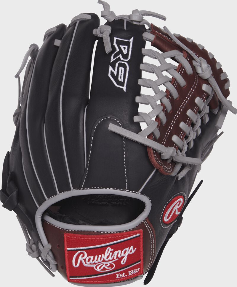 R9205-4BSG 11.75-inch R9 Series mod trap glove with a black back and grey binding and welting