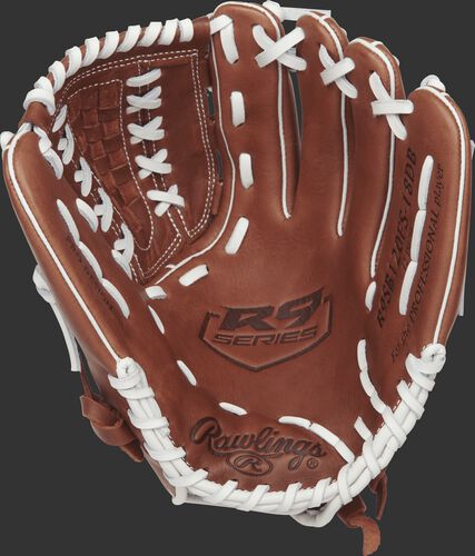 R9SB120FS-18DB Rawlings 12-inch softball glove with a brown palm and white laces