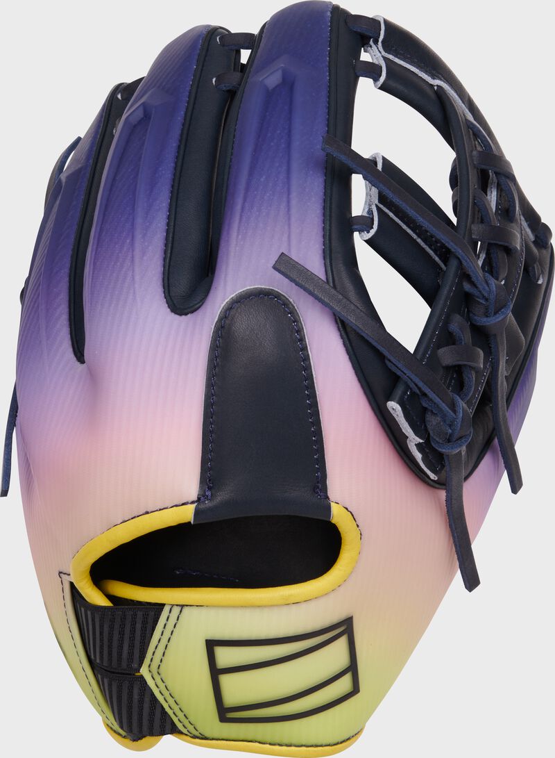 Navy/Pink/Gold design back of a Rawlings Francisco Lindor REV1X infield glove