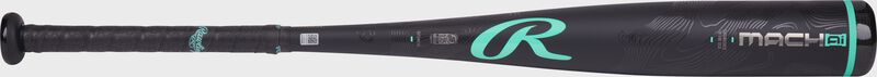 Side image of a black Rawlings Mach AI -10 USSSA bat with a mint "R" logo above the handle