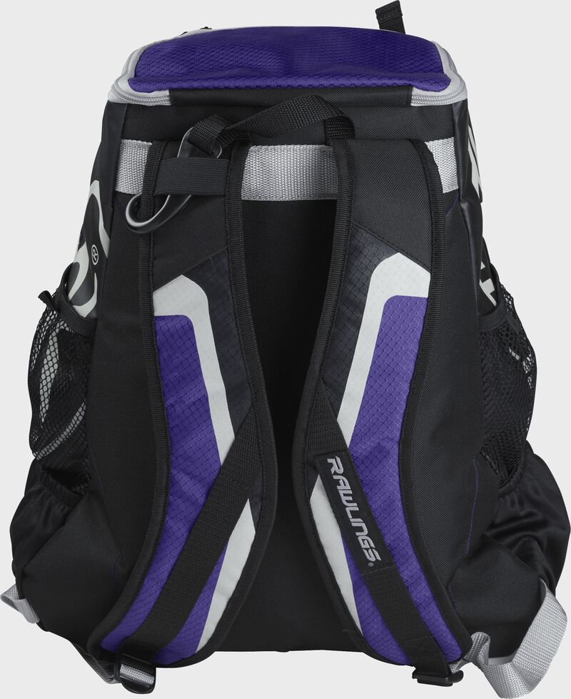 Back of black/purple R500 Players team backpack with black/purple shoulder straps