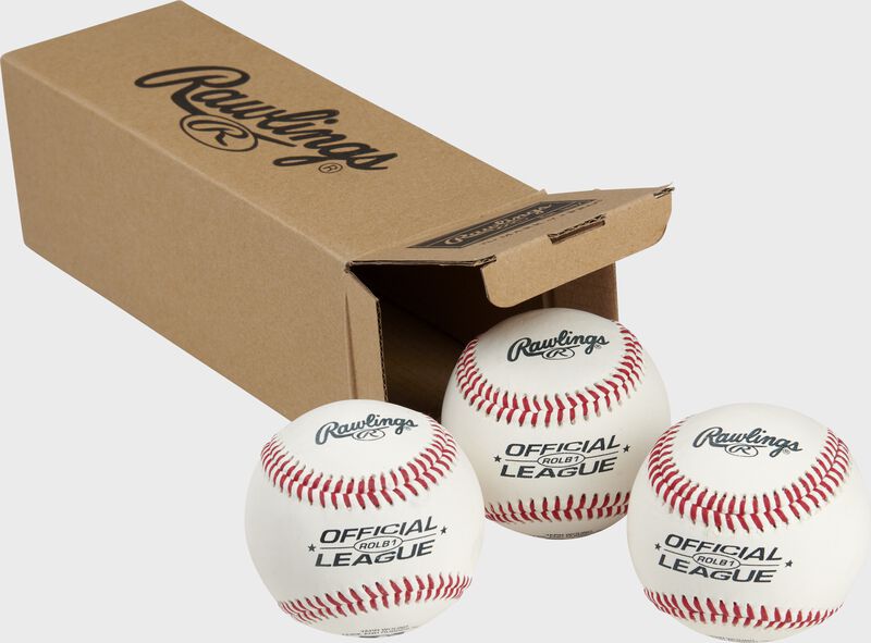 3 Rawlings competition grade balls in front of an open box - SKU: RSGROLB1PK3