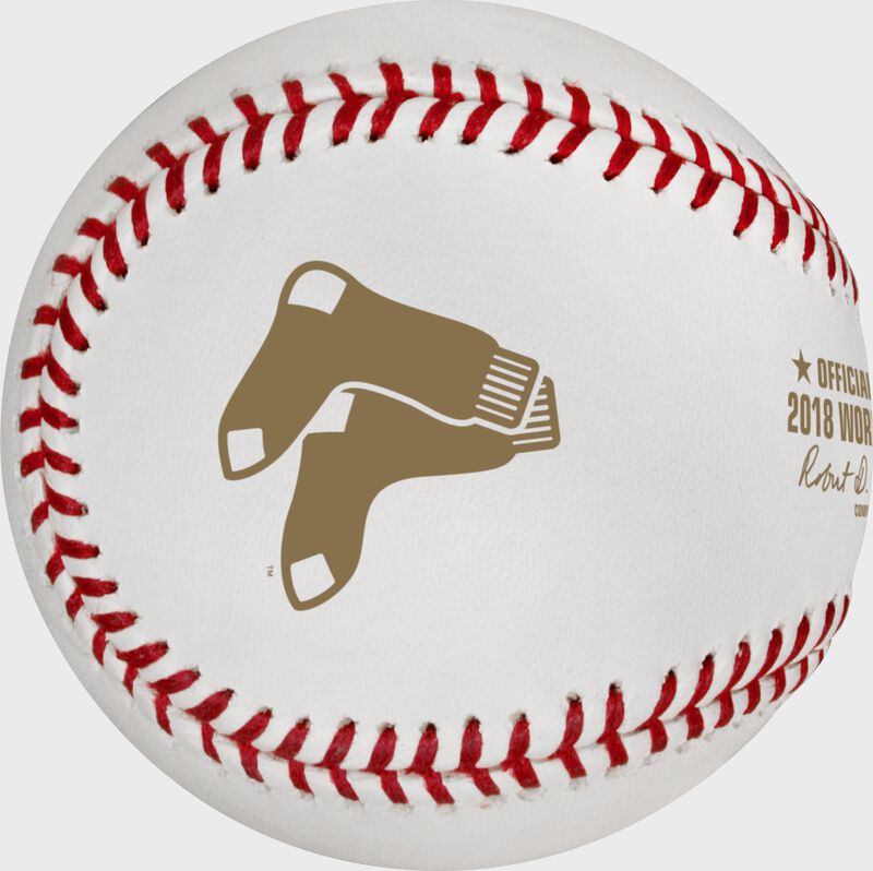 The Boston Red Sox logo stamped on the WSBB18DL Dueling 2018 World Series baseball