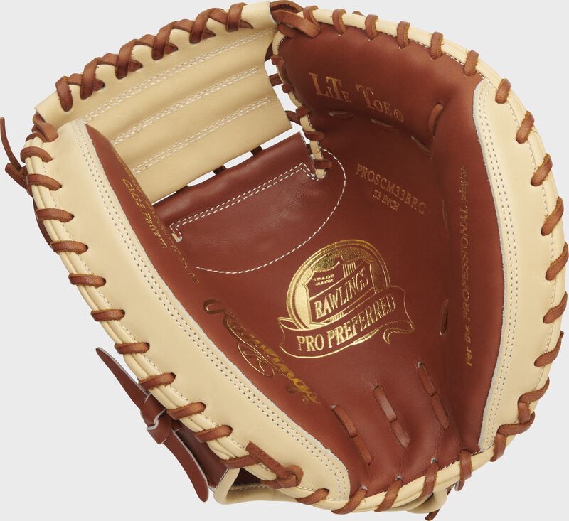 Bruciato palm of a Rawlings Pro Preferred catcher's mitt with tan laces and a gold palm stamp - SKU: PROSCM33BRC