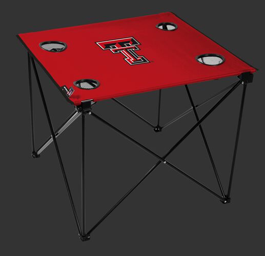 A red NCAA Texas Tech Red Raiders deluxe tailgate table with four cup holders and team logo printed in the middle SKU #00713063111