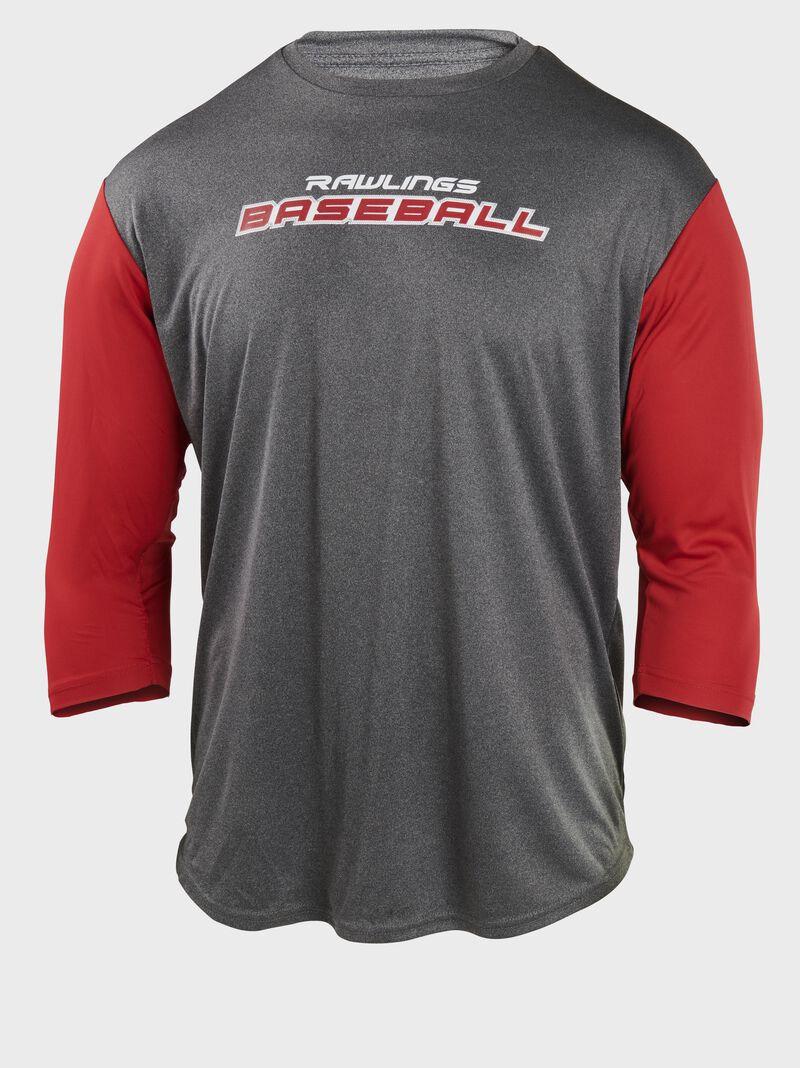 A gray Rawlings Baseball 3/4 sleeve performance shirt with scarlet sleeves - SKU: ACART34-S