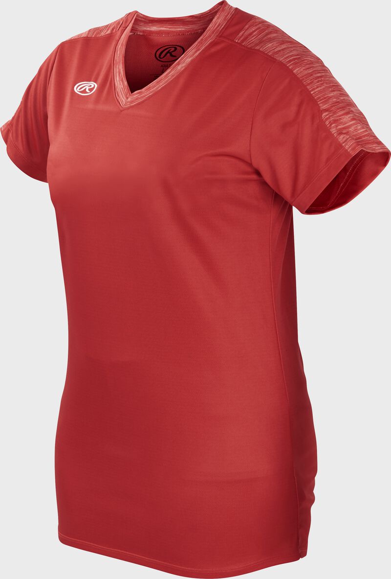 Front of Rawlings Women's Scarlet Adult Short Sleeve Launch Jersey  - SKU #WLNCHJ-S