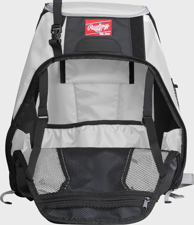 An open R500 Rawlings Players equipment backpack with white interior