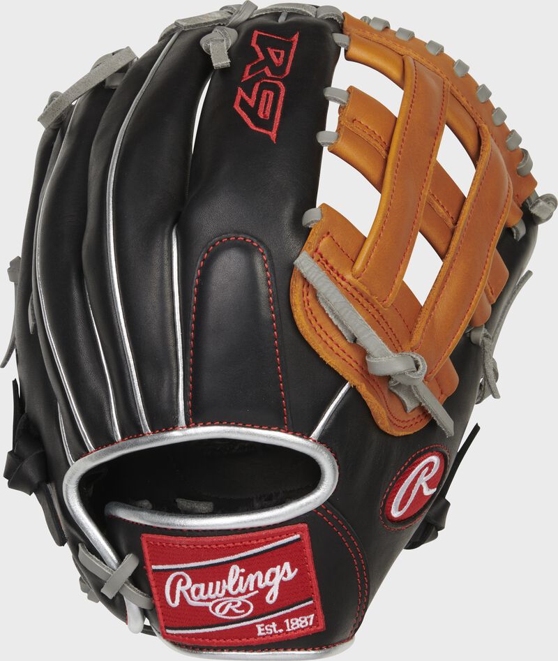 Back of a black/tan R9 ContoUR 12" H-web glove with a red Rawlings patch - SKU: R9120U-6BT