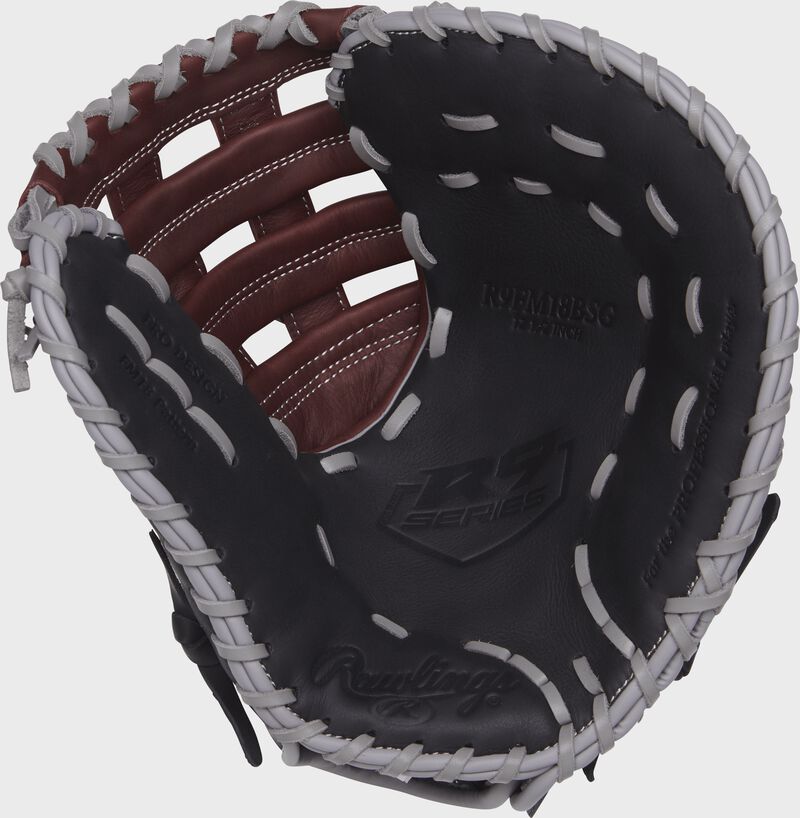 R9FM18BSG Rawlings R9 Series first base mitt with a black palm and grey laces