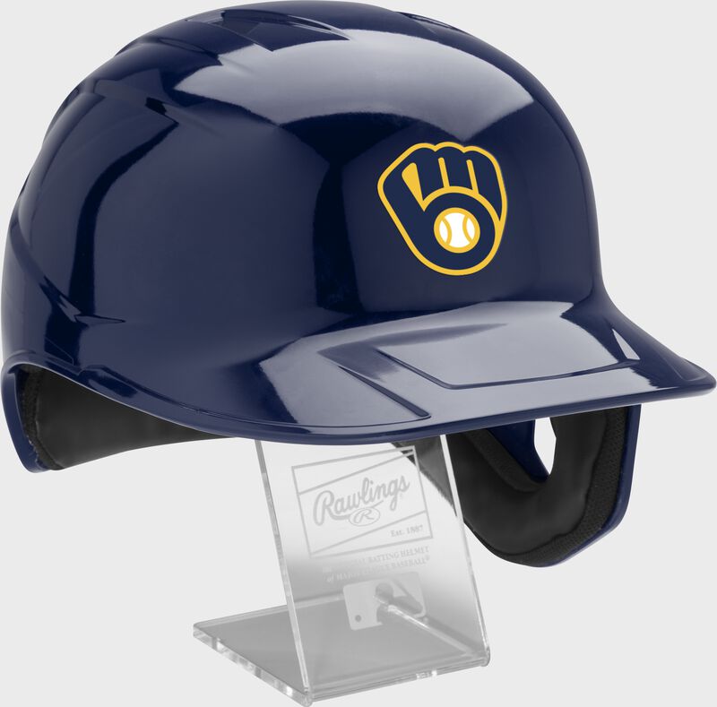 Front right of a MLB Milwaukee Brewers replica helmet - SKU: MLBMR-MIL