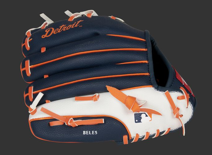 Back of a navy/white/orange Detroit Tigers 10-inch youth glove with the MLB logo on the pinky - SKU: 22000027111