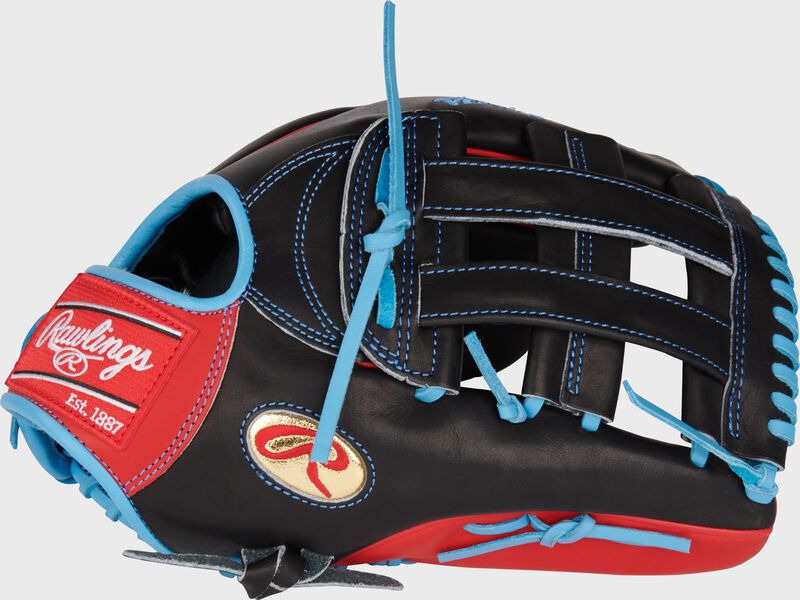 Thumb of a black/scarlet/Columbia blue Gameday 57 Series Ian Happ Pro Preferred glove with a gold Oval-R - SKU: RSGRPROS3039-6IH loading=