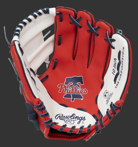 A red/white Rawlings Philadelphia Phillies youth glove with the Phillies logo stamped in the palm - SKU: 22000020111
