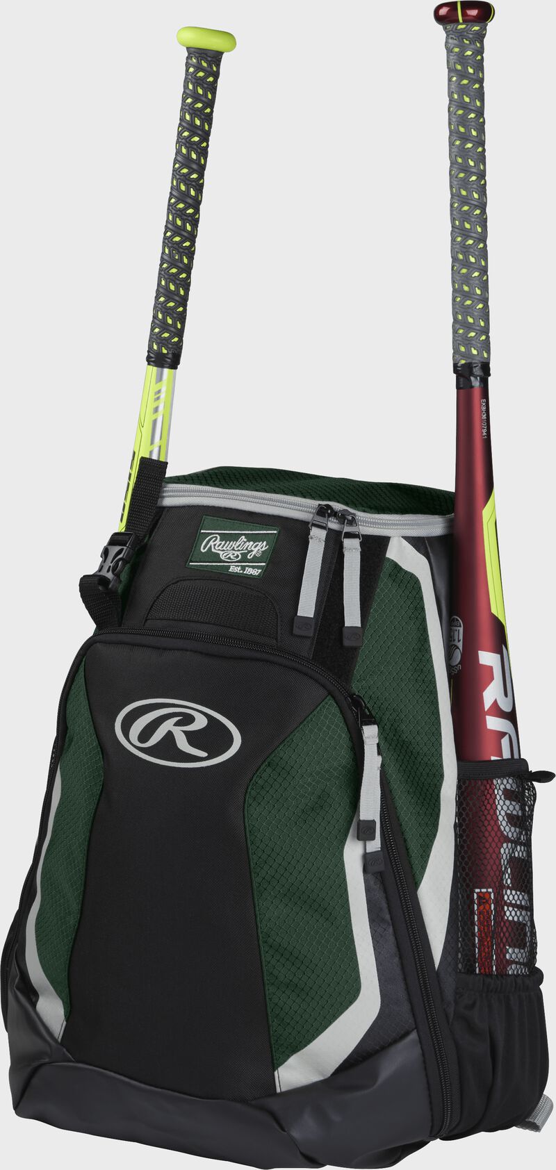 Left side of a black/dark green R500 baseball backpack with a red bat in the side sleeve
